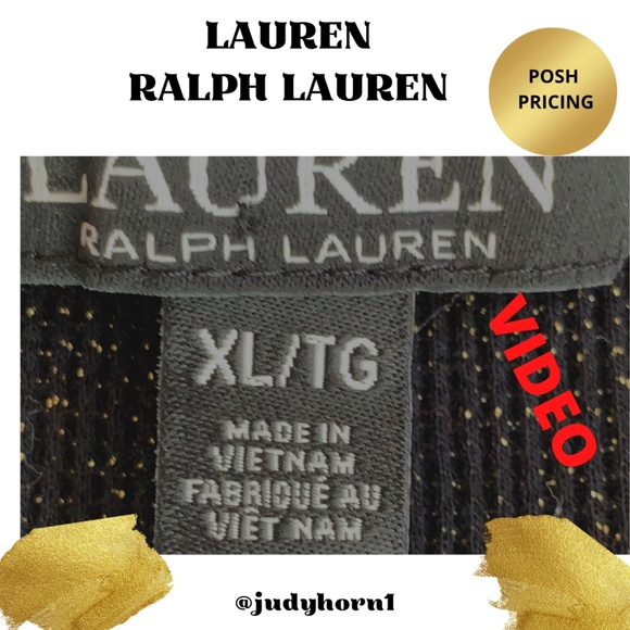 LAUREN RALPH LAUREN Coal Black and Gold Metallic Henley Sweater - Picture 3 of 7